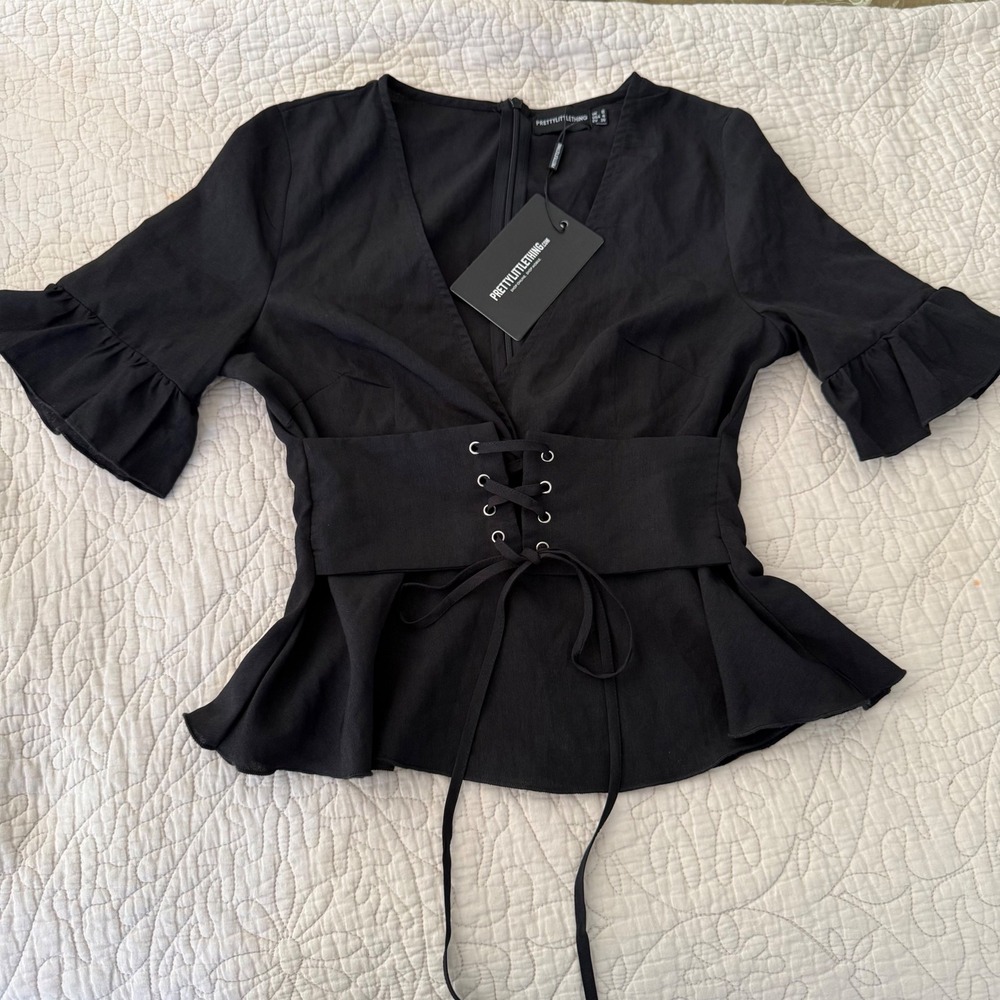 PrettyLittleThing Black Corset Waist Peplum Top Ruffle Sleeve US 4 NWT